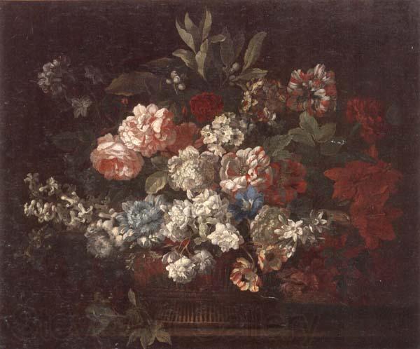 unknow artist Still life of various flowers,in a wicker basket,upon a stone ledge